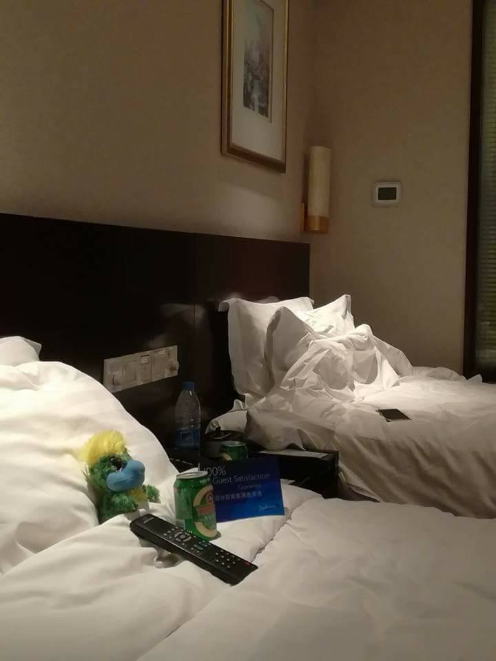 After all the trains he needed a beer in bed. After all the trains he needed a beer in bed.