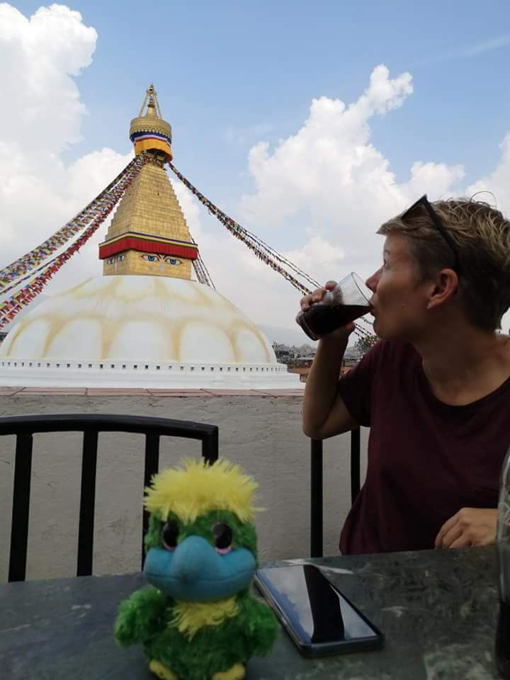 Boudhanath stupa in Kathmandu. My caretaker seems to enjoy the view best with ice-cold Coke 🥃, whilst I’m posing for the camera 🦅. Boudhanath stupa in Kathmandu. My caretaker seems to enjoy the view best with ice-cold Coke 🥃, whilst I’m posing for the camera 🦅.