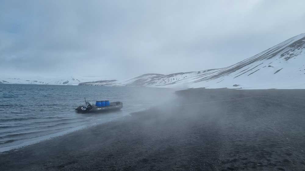 Hot steam rising from the beach on Deception Island...a sure sign this is an active volcano. Hot steam rising from the beach on Deception Island...a sure sign this is an active volcano.