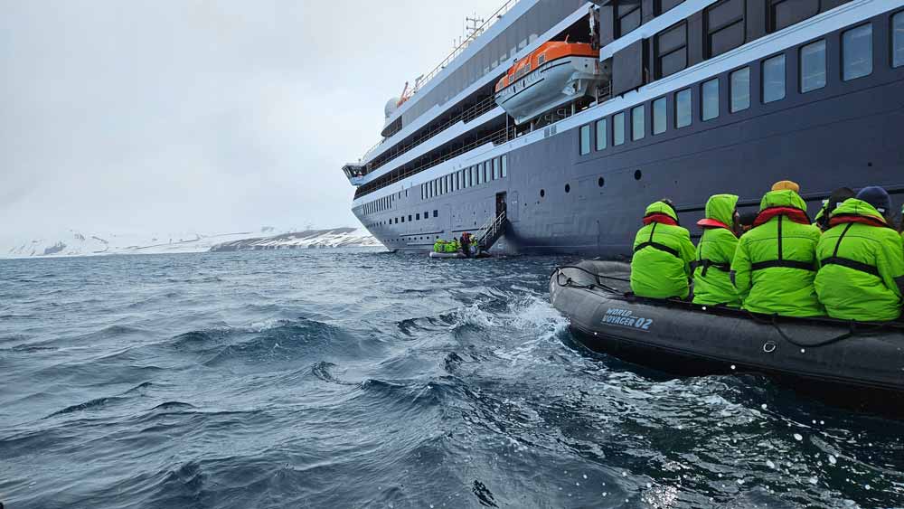 Queueing to get back on board the World Voyager after one of our expeditions. Queueing to get back on board the World Voyager after one of our expeditions.
