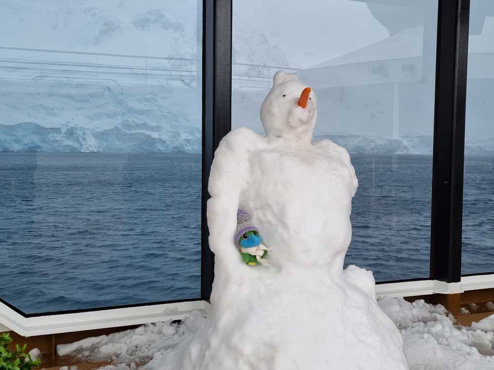 After encountering a snow storm this snowman was born on the ship's top deck, and he ended up as Eddie's replacement date. After encountering a snow storm this snowman was born on the ship's top deck, and he ended up as Eddie's replacement date.