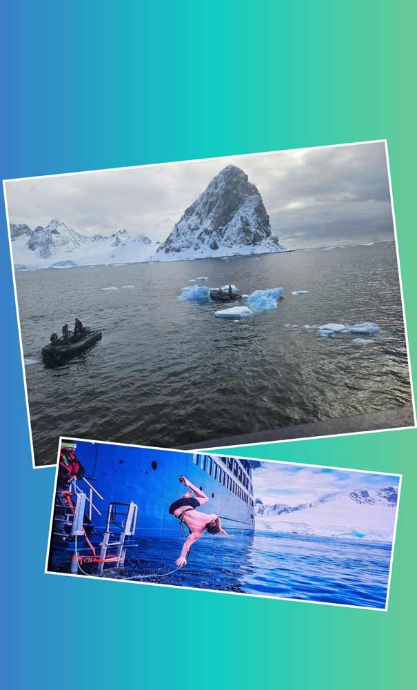 Polar plunge.... nice and fresh! The expedition team is prepping for the polar plunge by pushing away a few icebergs. Polar plunge.... nice and fresh! The expedition team is prepping for the polar plunge by pushing away a few icebergs.