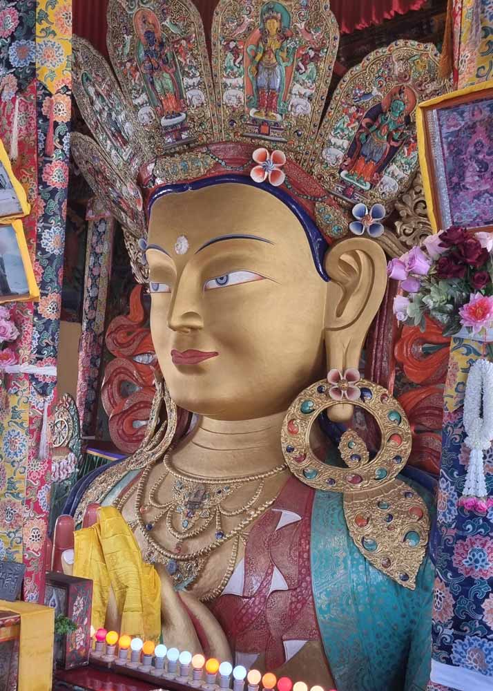 Maitreya Buddha in Thiksey Monastery. The Grand Buddha statue is made of clay and copper and painted in gold. It is a 15 meters high statue that took 4 years to complete and was built to commemorate the visit of the 14th Dalai Lama to this monastery in 1970. ๐ Maitreya Buddha in Thiksey Monastery. The Grand Buddha statue is made of clay and copper and painted in gold. It is a 15 meters high statue that took 4 years to complete and was built to commemorate the visit of the 14th Dalai Lama to this monastery in 1970. ๐